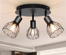 Spot Light Fittings for Ceilings Adjustable Metal Wire Cage Kitchen Spotlight Ceiling Lights with E14 Base Black 3 Way Ceiling Light Industrial for Indoor Bedroom Hallway Living Room Shop