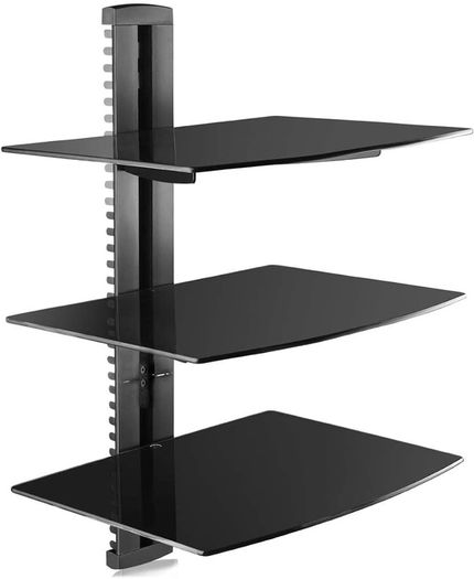 NEW SALE | 3 Floating Shelf Wall Bracket with Strengthened Tempered Glass for DVD Players/Cable Boxes/Games Consoles/TV Accessories, 3 Shelves, Black