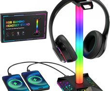 Headphone Stand Gaming Headset Holder RGB PC Gaming Accessories for Desk, Cool LED Headset Stand with 2 USB Charger for Gamer