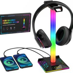 Headphone Stand Gaming Headset Holder RGB PC Gaming Accessories for Desk, Cool LED Headset Stand with 2 USB Charger for Gamer
