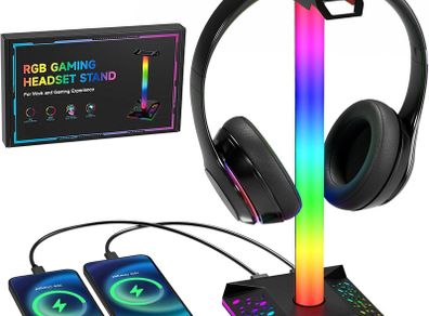 Headphone Stand Gaming Headset Holder RGB PC Gaming Accessories for Desk, Cool LED Headset Stand with 2 USB Charger for Gamer