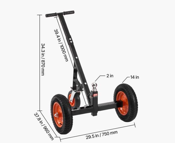 Heavy Duty Trailer Dolly 1000lbs  Carbon Steel Trailer Mover with 2 inch Ball, 14 inch Pneumatic Tires, Portable Tow Dolly for Moving RV Trailer