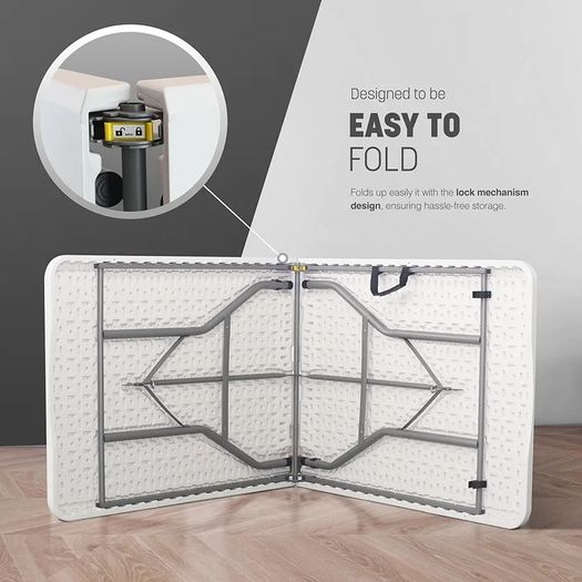 6ft Folding Table with White Rattan Patterned Top,180x70x74cm  Sturdy Metal Frame, Waterproof, Portable & Easy Assembly Ideal for Parties, BBQs, Camping (White Rattan)