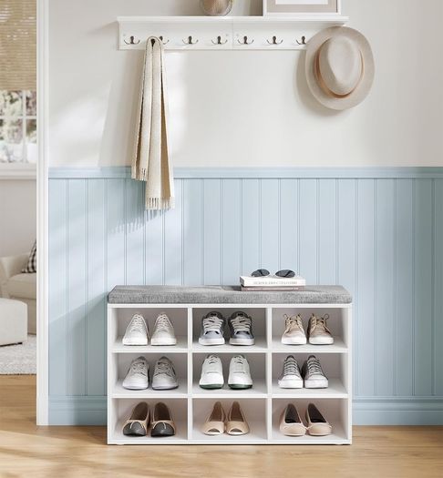 New 9 Compartment Shoe Bench With Padded Stool (White) FREE P&P