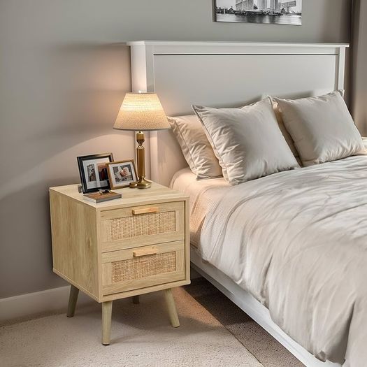 Side Table with 2 Hand Made Rattan Decorated Drawers, Night Stand Set 2, Wood Nigntstand, End Table with Storage for Bedroom, Natural, 2 Pack