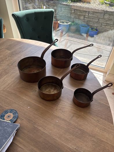Five vintage copper pots