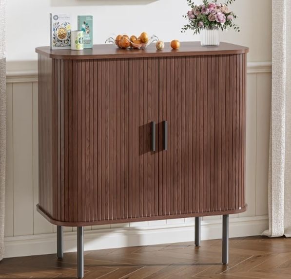 Buffet Storage Cabinet for Living Room, Kitchen Cupboard with Tambour Sliding Door, Storage Unit for Modern Home Dinning Room,Walnut