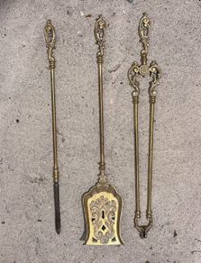 Decorative Brass Fire Irons and a Pair of Fire dogs