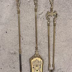 Decorative Brass Fire Irons and a Pair of Fire dogs