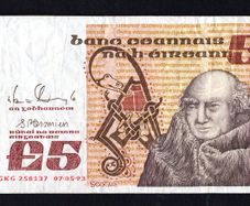1981 Ireland IR5 Johannes Scotus Erigena Banknote Series B. Note issued 07/05/93. Serial number GKG258137