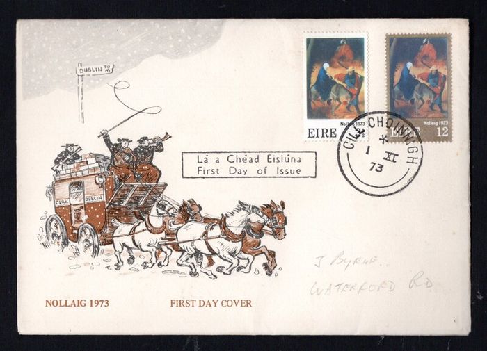 1973 Ireland Christmas Commemorative Stamp Addressed First Day Cover (FDC) with Baile Atha Cliath (Kilkenny) cancel