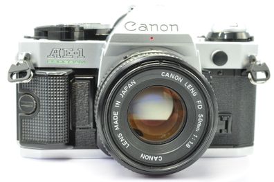 Canon AE-1 Program Silver/ Chrome 35mm SLR Film Camera with fast Canon FD 50mm f1. 8 FDn, Recently FULLY SERVICED and in Good Condition.