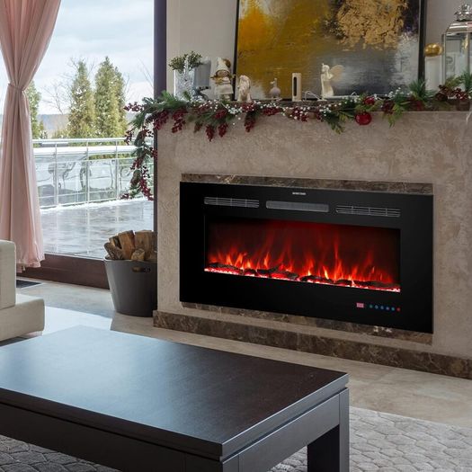 127cm Electric Fireplace Inserts, Recessed and Wall Mounted Fireplace Heater, Linear Fireplace/Thermostat, Remote & Touch Screen, Multicolor Flame, Timer, Log & Crystal, 750W/1500W