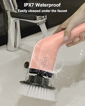 Electric Spin Scrubber, 360 Cordless Powerful Scrub Brush for Cleaning Bathroom, Kitchen, Shower Tub and Floor Tile with Adjustable Extension Long Handle and 8 Replaceable Rotating Brush Heads(Rose)