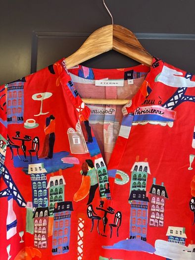 Eterna Red Parisian Print Viscose Blouse Shirt UK 10  Oversized Loose Fit Novelty France Scene