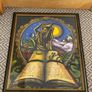 Vintage Framed Fantasy Painting of Mystical Figure With Book, Gecko & Moon Image 4