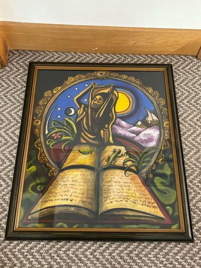 Vintage Framed Fantasy Painting of Mystical Figure With Book, Gecko & Moon