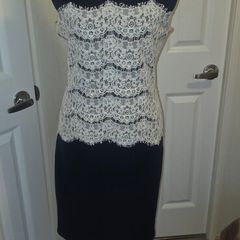 Marc Angelo Navy White Lace Pencil Dress Size 12 Elegant Occasion Midi