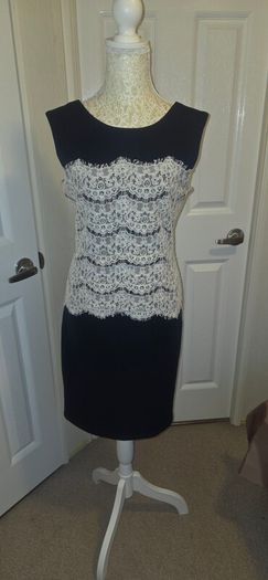 Marc Angelo Navy White Lace Pencil Dress Size 12 Elegant Occasion Midi