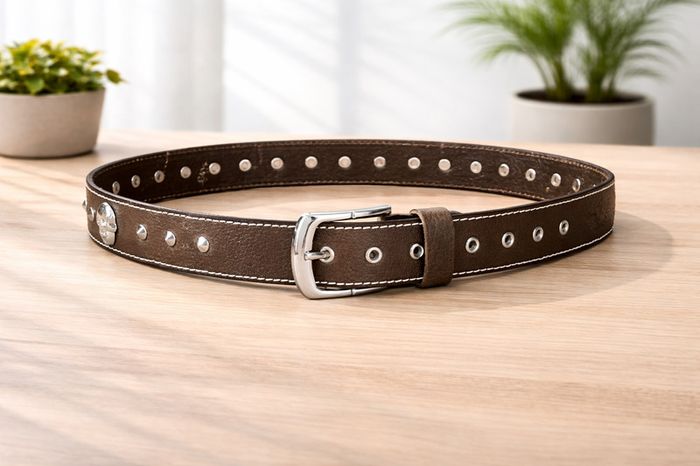 Unisex Brown Leather Stud Belt Vintage Studded Leather Belt with Silver Buckle for Men & Women