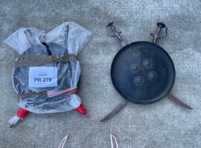 Victorian Indian shield (Dahl) and two swords (Tulwar) wall hangings a matching pair,