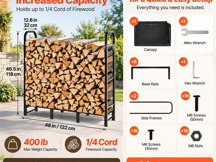 4ft Outdoor Firewood Log Rack with Waterproof Cover