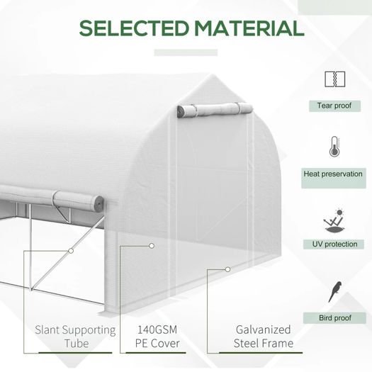 4 x 3(m) Walk-in Polytunnel Greenhouse, Zipped Roll Up Sidewalls, Mesh Door, 8 Mesh Windows, Tunnel Warm House Tent with PE Cover, Complimentary Plant Labels and Gloves, White