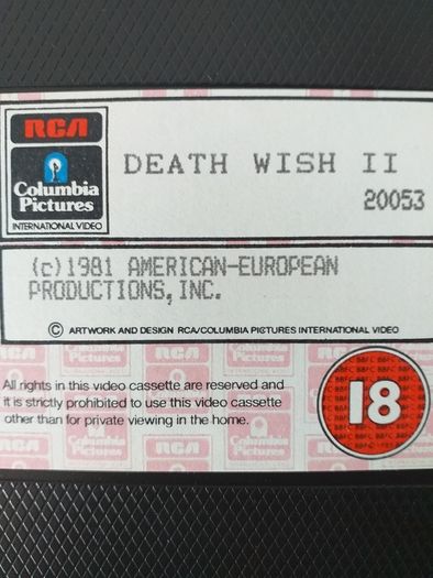 Death Wish Charles Bronson VHS Pal Video Cassette Tape Certificate 18 Year 1981