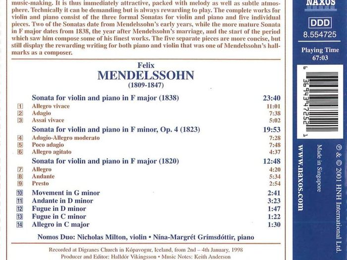 Mendelssohn. Complete Works for Violin and Piano. CD. Free Postage!