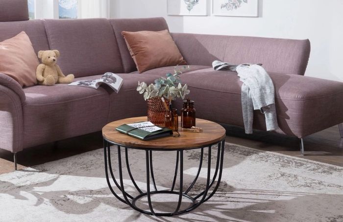 Rustic Solid Wood Coffee Table with Metal Base 60cm Round