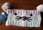 Cute hadband headwrap ear wormer accessories knit turban pom-pom eye nose and whisker detail brand new beige pink girl one size