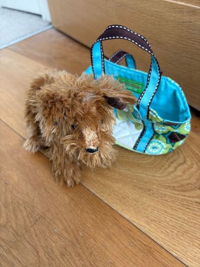 Dog stuffed animal in bag