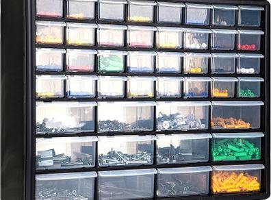 44 Drawer Screw Storage Organiser Cabinet, Wall Mounted Small Parts Storage with Adjustable Dividers, Plastic Tool Drawer Unit for Garage, Workshop & Craft(Black)