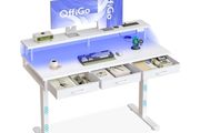 Electric Standing Desk, 120 x 54cm Height Adjustable Desk with 3 Drawers, RGB LED Strip &amp; Charging Station for Home Office Computer Workstation, Computer Table with Monitor Stand, White