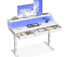 Electric Standing Desk, 120 x 54cm Height Adjustable Desk with 3 Drawers, RGB LED Strip & Charging Station for Home Office Computer Workstation, Computer Table with Monitor Stand, White