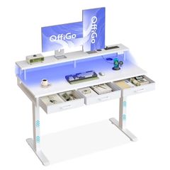 Electric Standing Desk, 120 x 54cm Height Adjustable Desk with 3 Drawers, RGB LED Strip & Charging Station for Home Office Computer Workstation, Computer Table with Monitor Stand, White