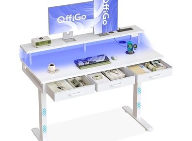Electric Standing Desk, 120 x 54cm Height Adjustable Desk with 3 Drawers, RGB LED Strip & Charging Station for Home Office Computer Workstation, Computer Table with Monitor Stand, White