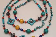 Vintage Tribal Necklace Lapis, Coral, Amber Beads &amp; Howlite Clover Charms
