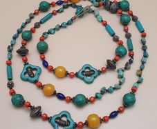 Vintage Tribal Necklace Lapis, Coral, Amber Beads & Howlite Clover Charms