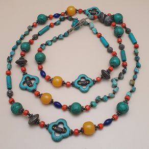Vintage Tribal Necklace Lapis, Coral, Amber Beads & Howlite Clover Charms
