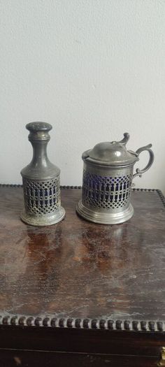 Pewter Condiment Set, blue glass and pewter design. mustard and salt