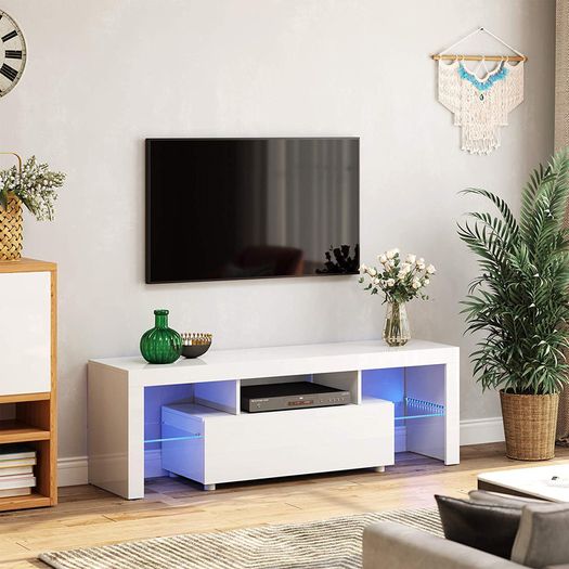 _TV table for TVs up to 60 inches, large TV cabinet, TV cabinet, TV shelf with LED lighting, lowboard, living room, 140 x 35 x 45 cm, modern, glossy, white