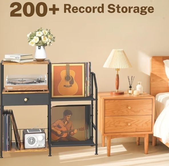 3 Tier Vinyl Storage Shelf with Turntable Holder, Side Table with Display Rack Up to 200 Albums, Rustic End Table with Drawer for Living Room, Black & Brown