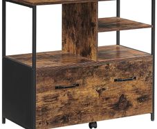 _Office Filing Cabinet with Drawer and Open Compartments for A4 Documents, Letter Format, Printer Stand, Industrial Design, Vintage Brown/Black