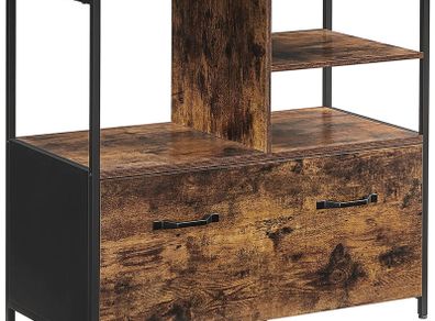 _Office Filing Cabinet with Drawer and Open Compartments for A4 Documents, Letter Format, Printer Stand, Industrial Design, Vintage Brown/Black