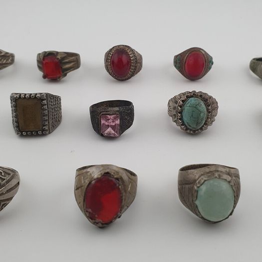 Lot of 15 Antique Tribal Style Brass Rings Mixed Stone & Colourful Glass