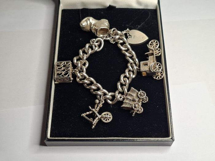 Vintage Sterling Silver Charm Bracelet, Movable Charms