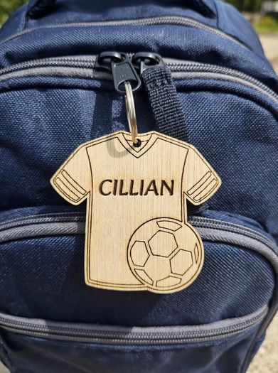 Personalised Football Shirt Keyring - Wooden Name Tag - Bag Tag - Football Gift for Boys or Girls