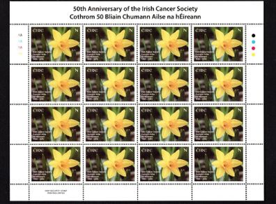 2013 Ireland 50th Anniversary of Irish Cancer Commemorative Stamp Sheetlet Plate 1A1A1A1A Mint Never Hinged (MNH)