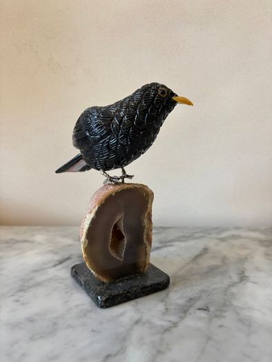 Hand-Carved Gemstone Blackbird on Crystal Geode Base
